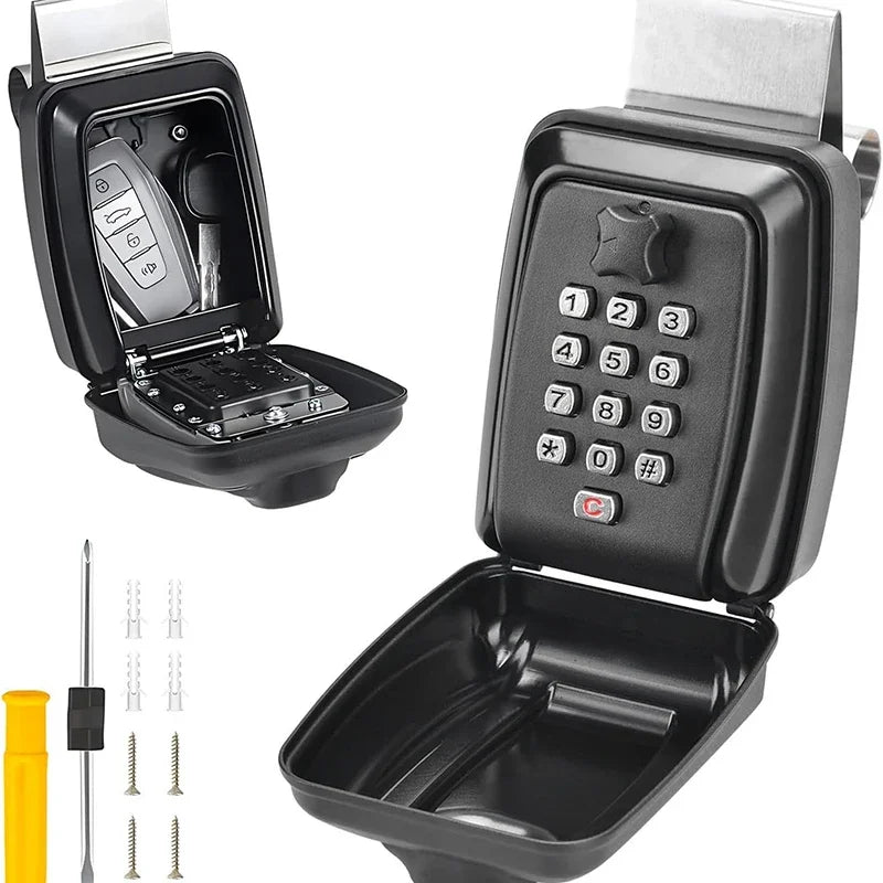 Black metal wall-mounted key lock box with a push-button combination keypad, hanging bracket, and mounting hardware.
