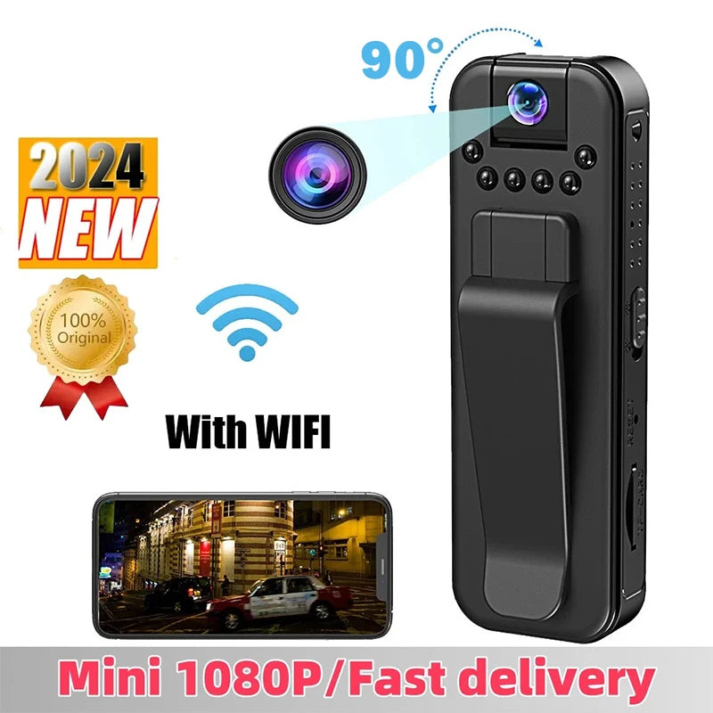 Black plastic mini 1080P wearable camera with a belt clip, 90-degree rotating lens, and Wi-Fi connectivity.