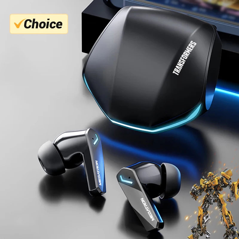Sleek black wireless earbuds with blue LED accents and a matching metallic charging case on a dark surface.
