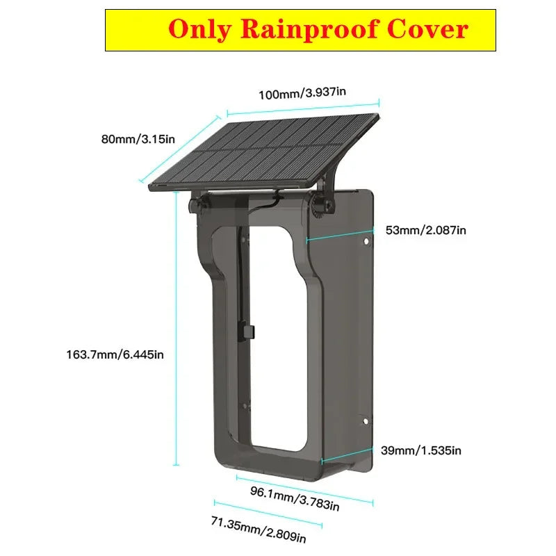 Grey, rectangular smart video doorbell rainproof cover with a top-mounted solar panel and detailed dimension labels.