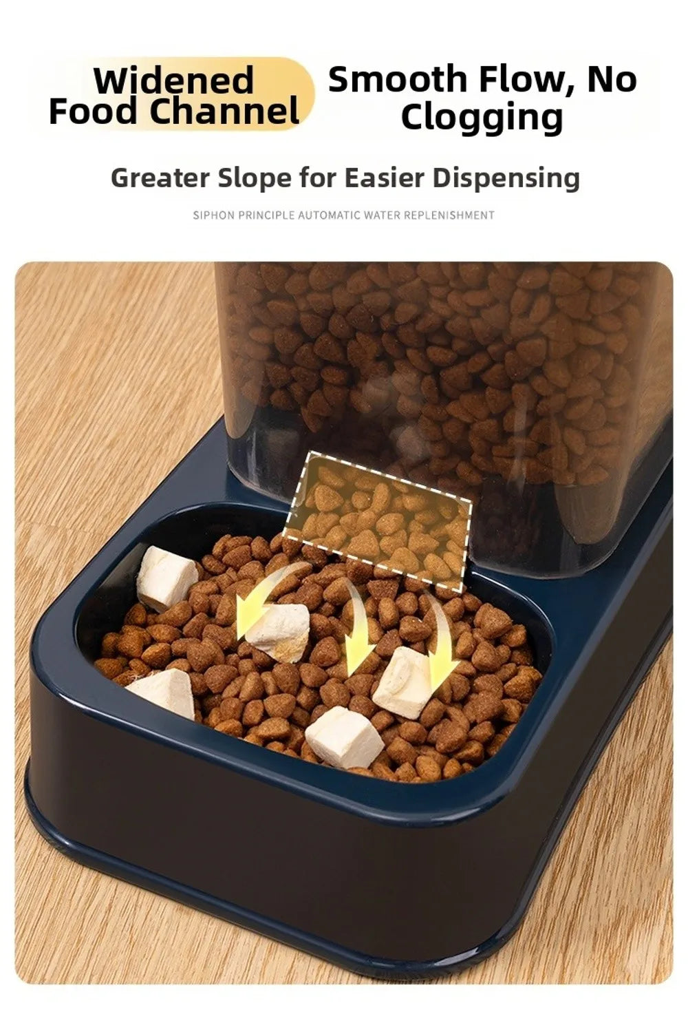 Navy blue automatic pet feeder with a transparent container filled with kibble, dispensing into a wide bowl.