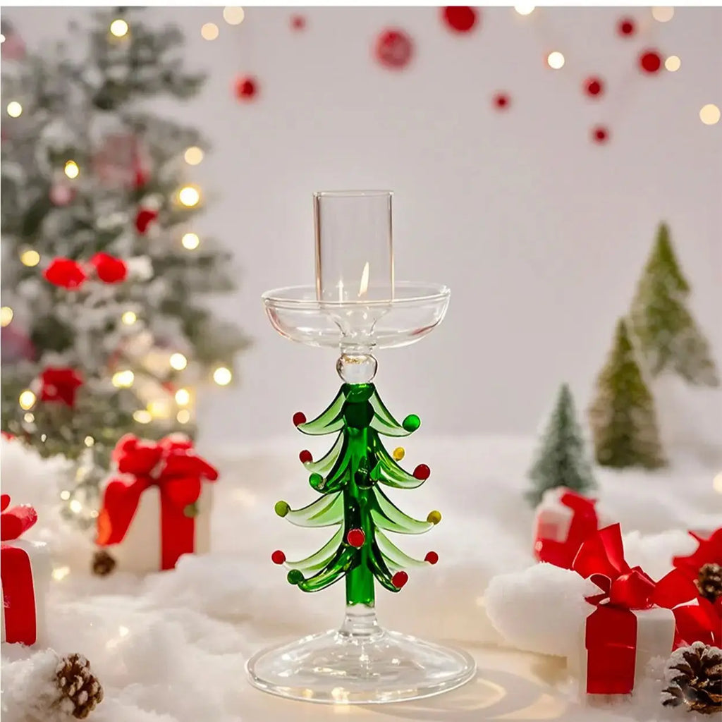 Clear glass candlestick holder featuring a green borosilicate glass Christmas tree stem with red and yellow ornaments.
