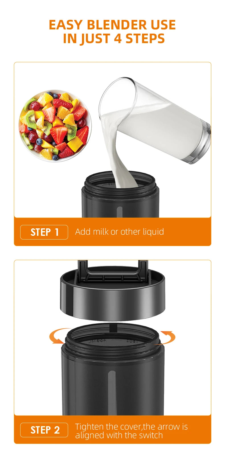 Graphic showing two steps for using a black portable blender: adding milk to the cup and tightening the lid.