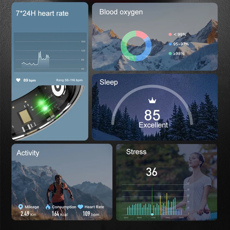 A sleek black smart fitness ring showing app health dashboards for heart rate, blood oxygen, sleep, activity, and stress.