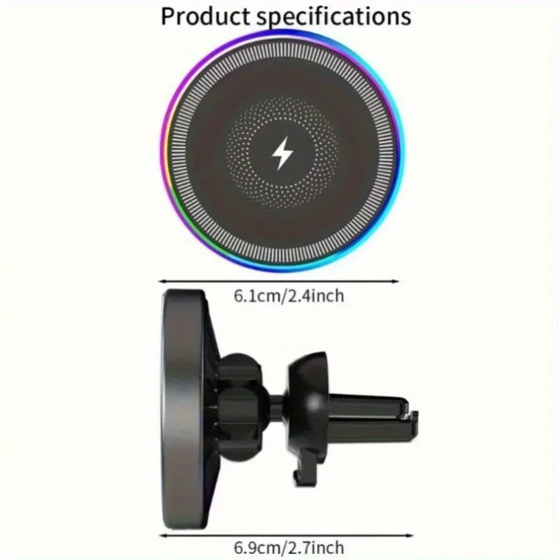 Circular car vent phone charger with an iridescent LED edge, black finish, and a central lightning bolt icon.