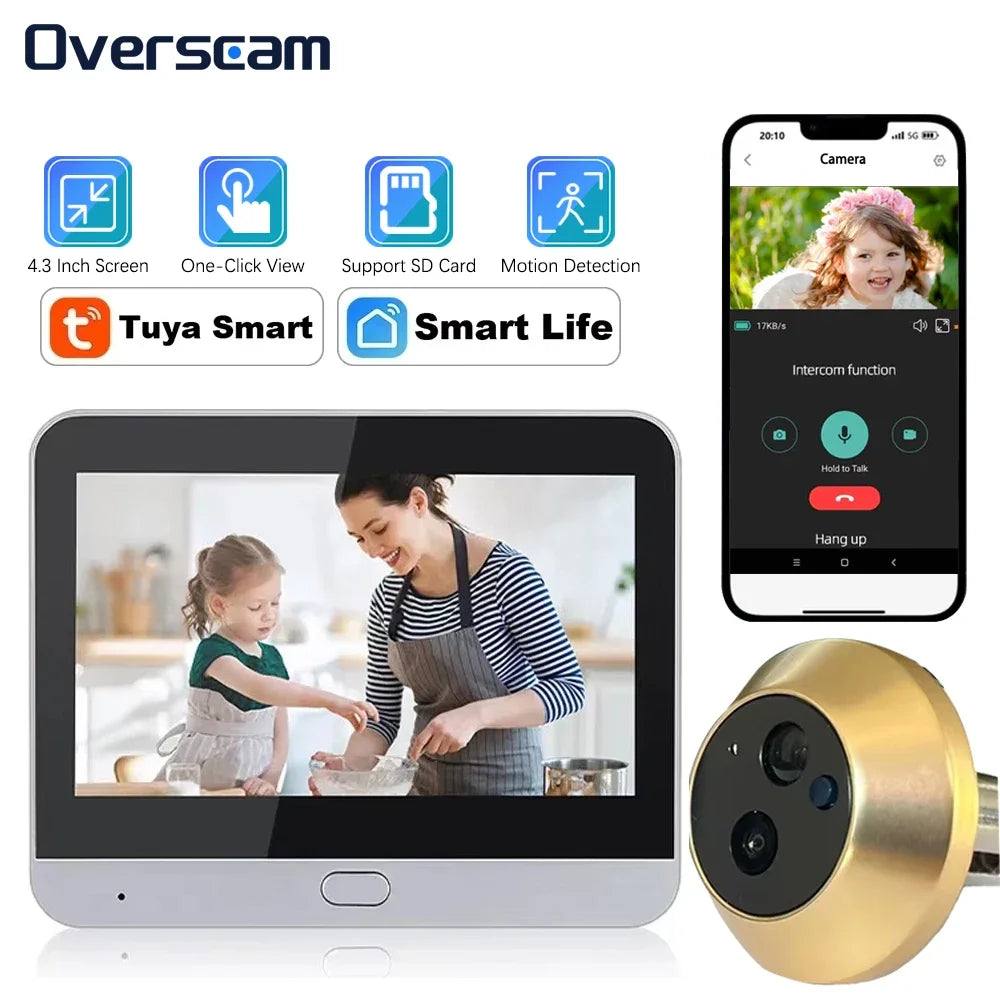 5MP Tuya Smartlife Home Doorbell Cat Eye Camera PIR Motion Detection Wifi Doorbell Night Vision Peepholes 4.3 Inch