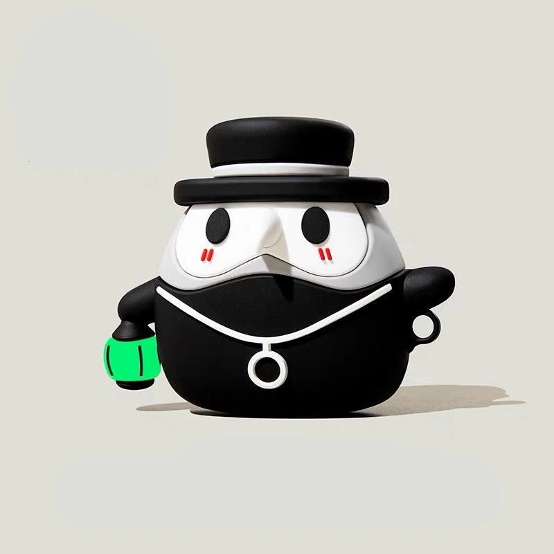 Black and white silicone plague doctor character case for AirPods.