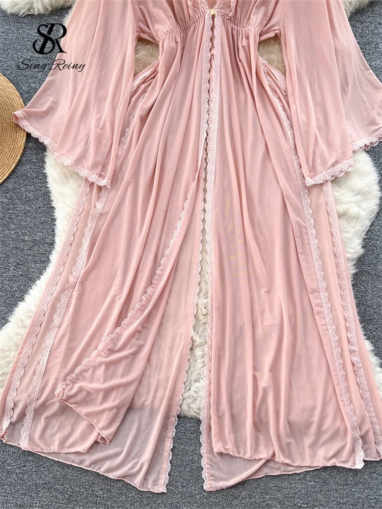 Pink sheer mesh long-sleeve robe with front split and delicate lace trim.