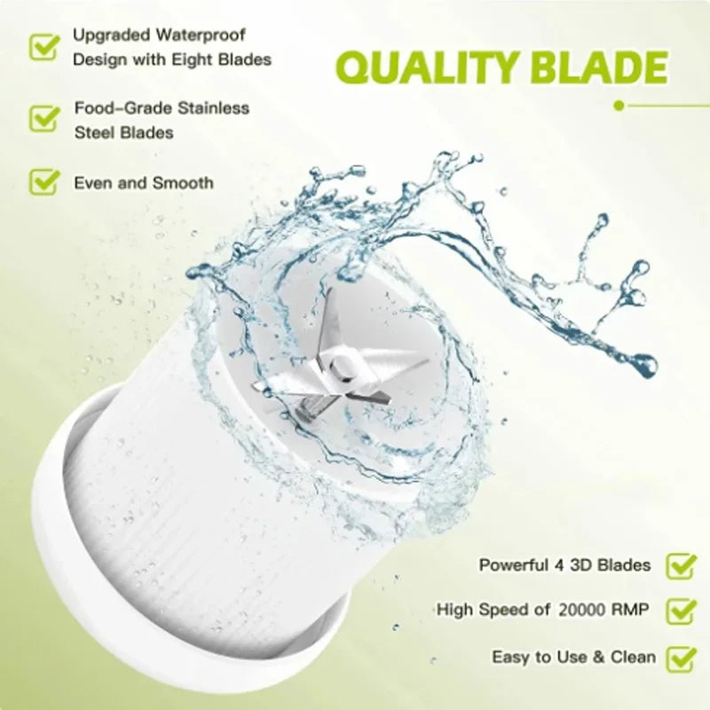 White portable blender base featuring 8 stainless steel blades, surrounded by a splash of water, on a light background.