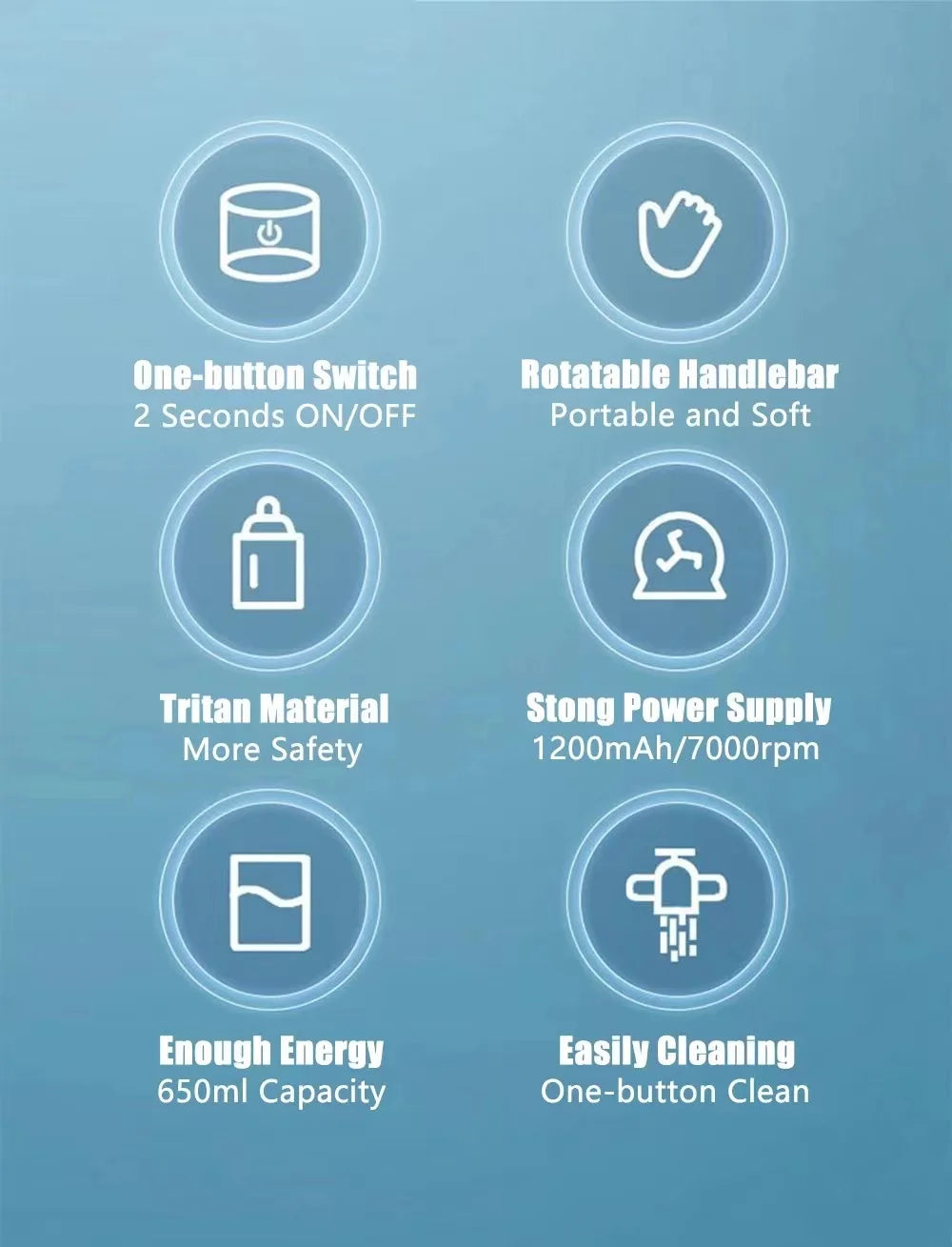 Infographic on blue background listing six features of a portable blender with white icons and text.