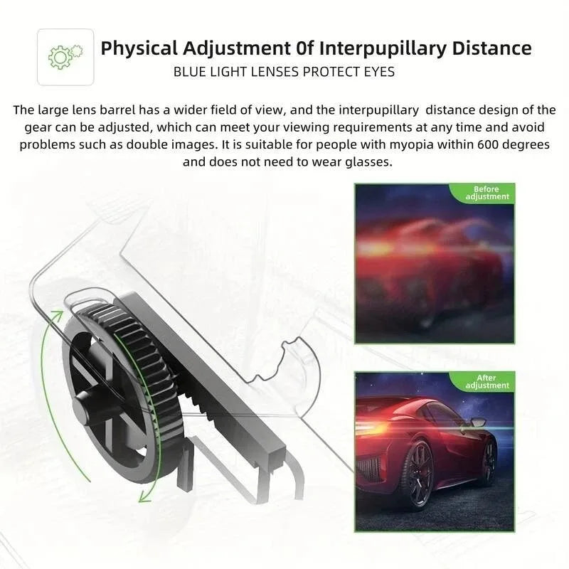 VR headset technical diagram showing adjustable lenses with blue light protection for clear, 3D gaming focus.