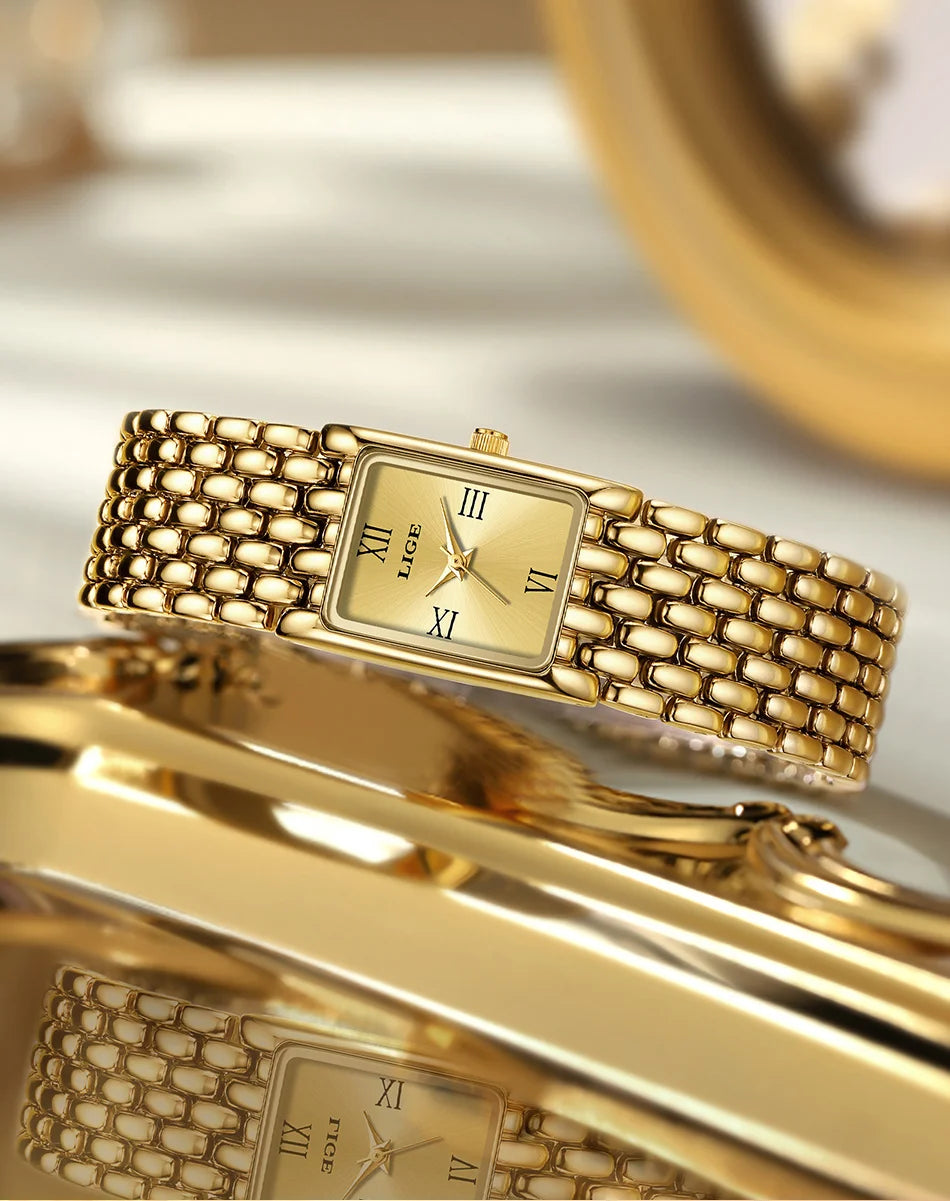 Luxury gold-tone ladies' square quartz watch with a textured link bracelet and Roman numeral dial.