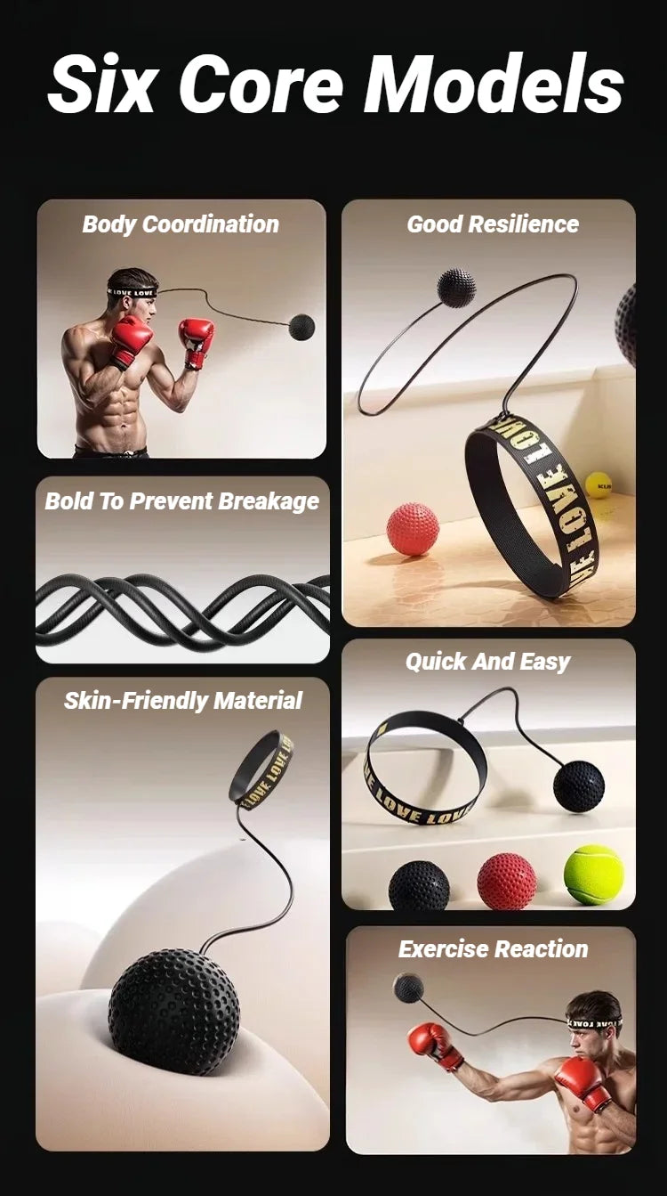 A boxing reflex ball set featuring a headband with an elastic cord, black ball, red ball, and yellow tennis ball.