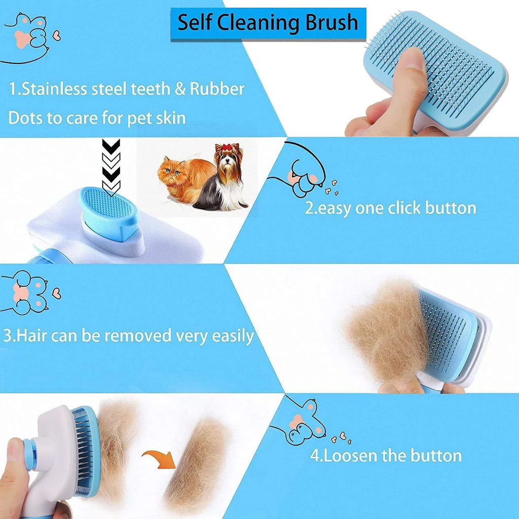 Blue and white self-cleaning pet brush with stainless steel bristles, showing one-click hair removal.