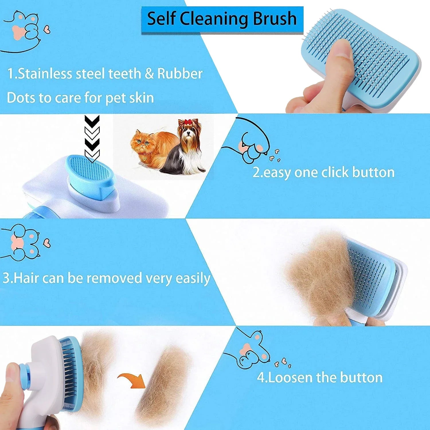 Blue and white self-cleaning pet brush with stainless steel bristles, showing one-click hair removal.