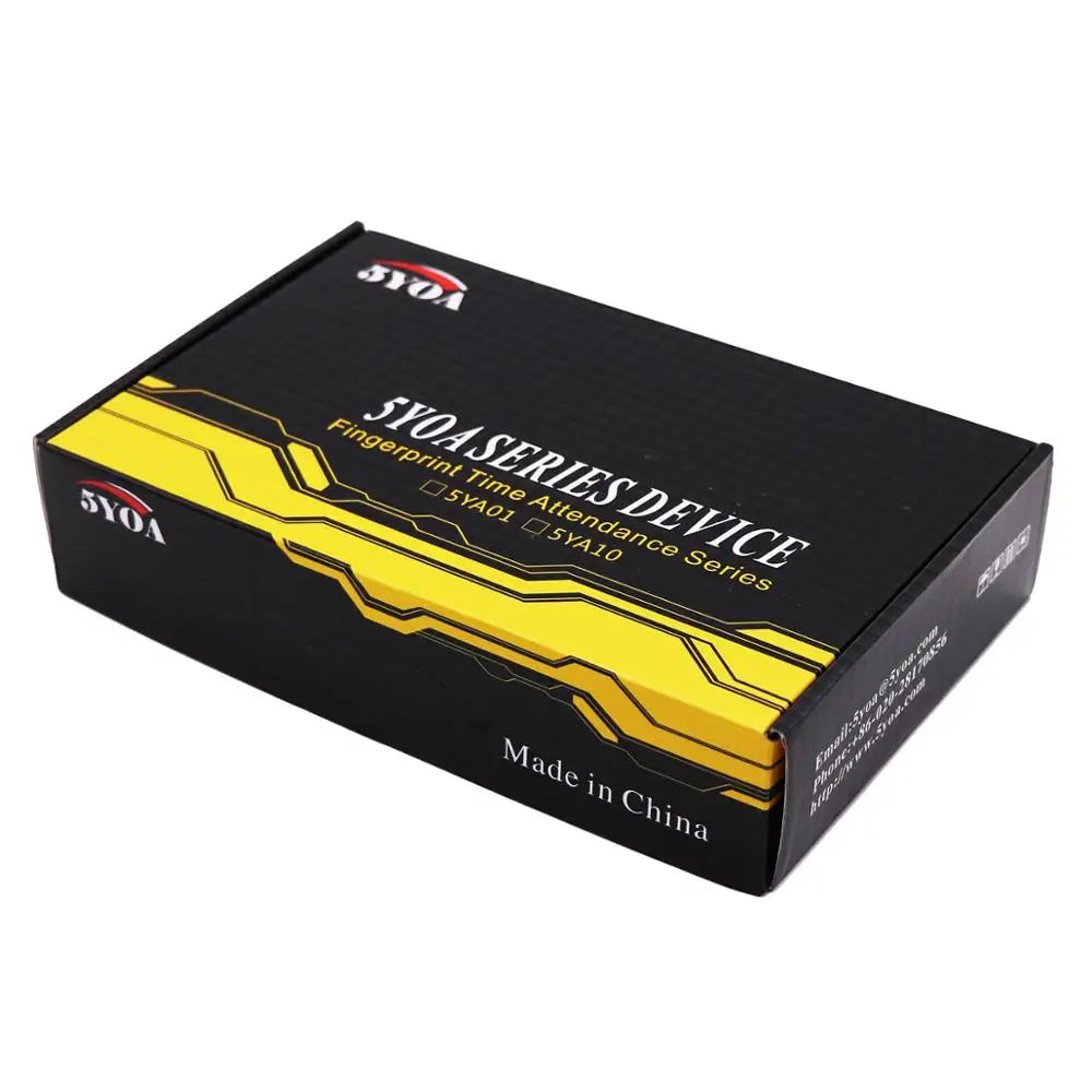 Black cardboard product box for a 5YOA fingerprint time attendance device with yellow and white branding text.
