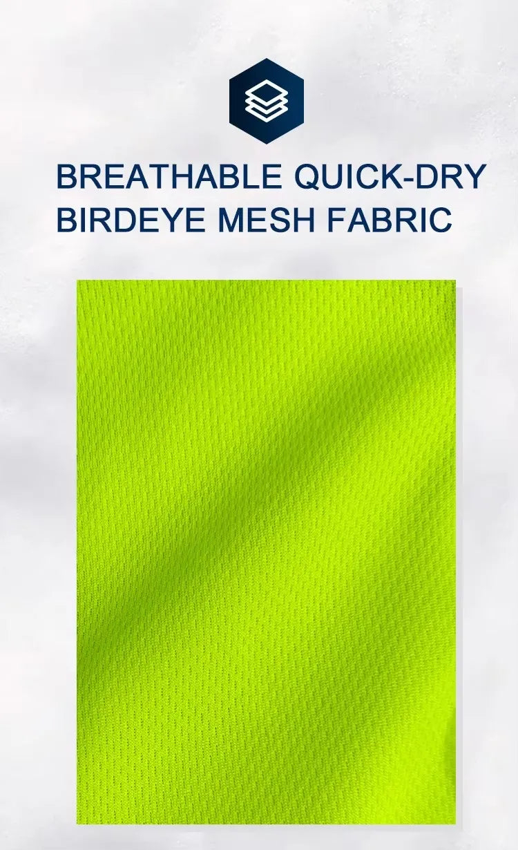 Close-up of bright, hi-vis yellow breathable, quick-dry birdeye mesh fabric for workwear.