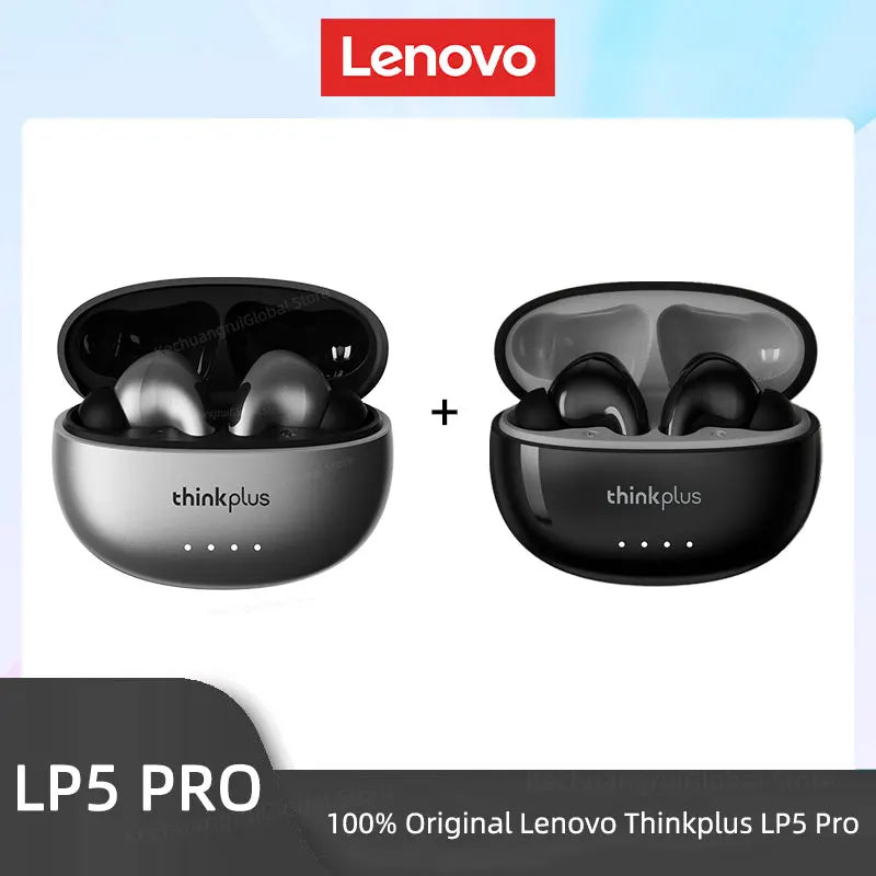 Two sets of wireless earbuds in open charging cases: one silver, one black, both with minimalist, sleek designs.