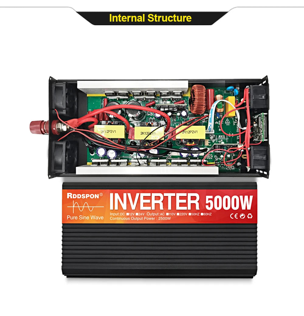 Internal view of a 5000W black power inverter showing the circuit board, wiring, and heat sinks.