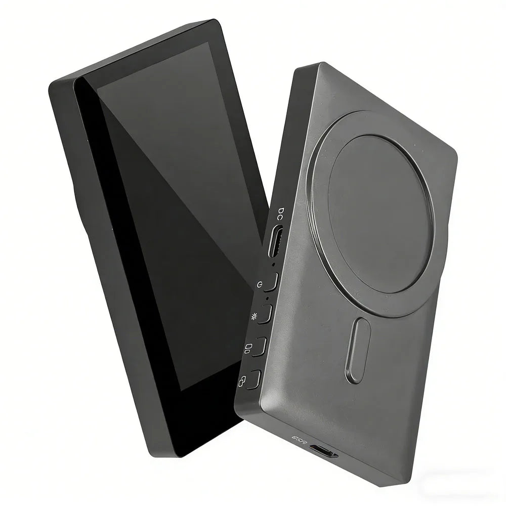 Dark grey portable digital magnifier with a sleek screen and side control buttons for easy accessibility.