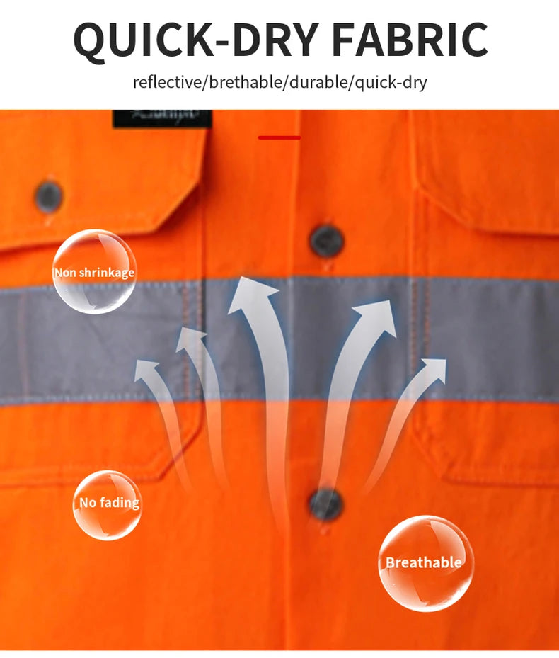Close-up of an orange high-visibility work shirt with a grey reflective strip, buttoned pockets and breathable fabric.