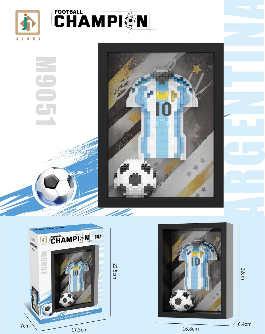 Framed 3D brick art set featuring a light blue and white striped number 10 football shirt and a matching ball.