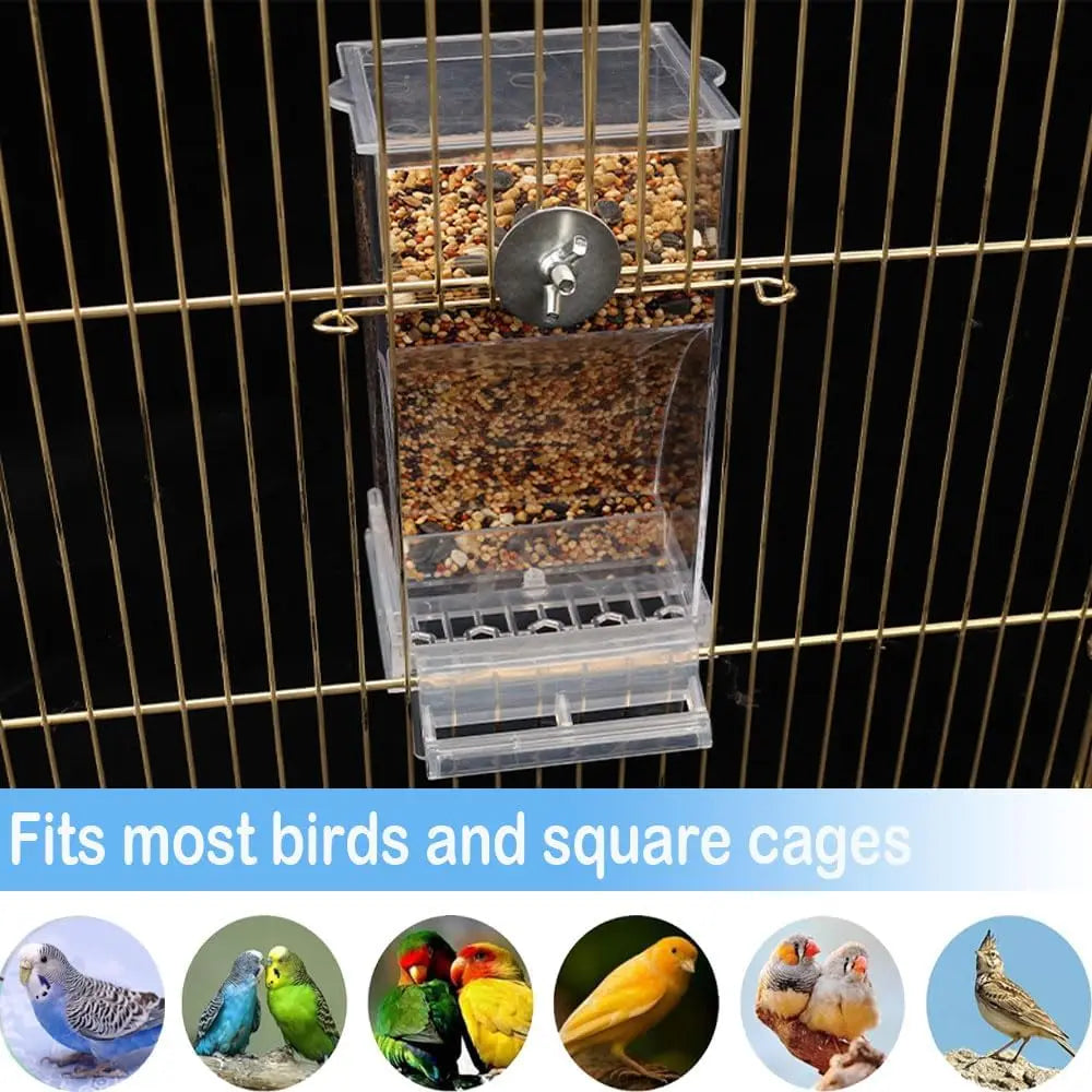 Clear plastic automatic bird seed feeder mounted on vertical wire cage bars.