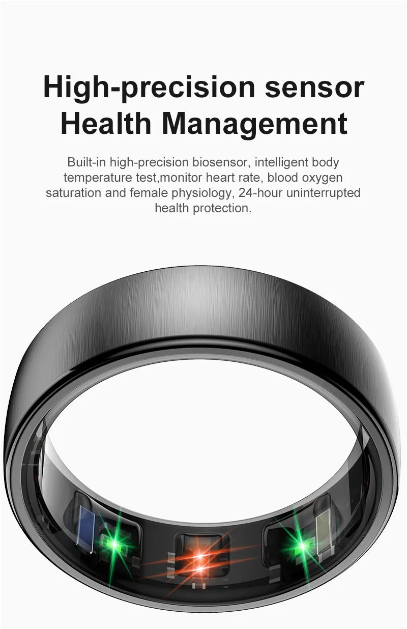 Sleek, brushed black smart health tracking ring with internal biosensors featuring glowing red and green LED lights.