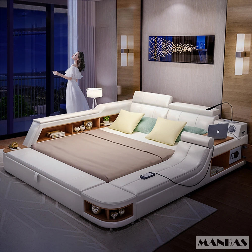 Luxury white leather smart bed frame with integrated storage, LED lighting, and side shelves in a modern bedroom.