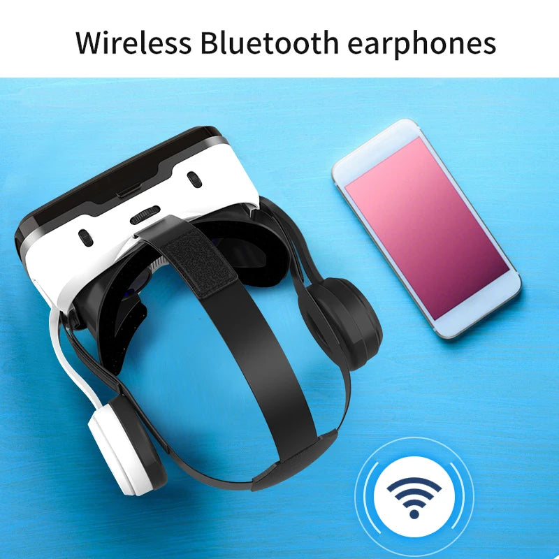 White and black 3D virtual reality headset with integrated headphones next to a smartphone on a blue background.