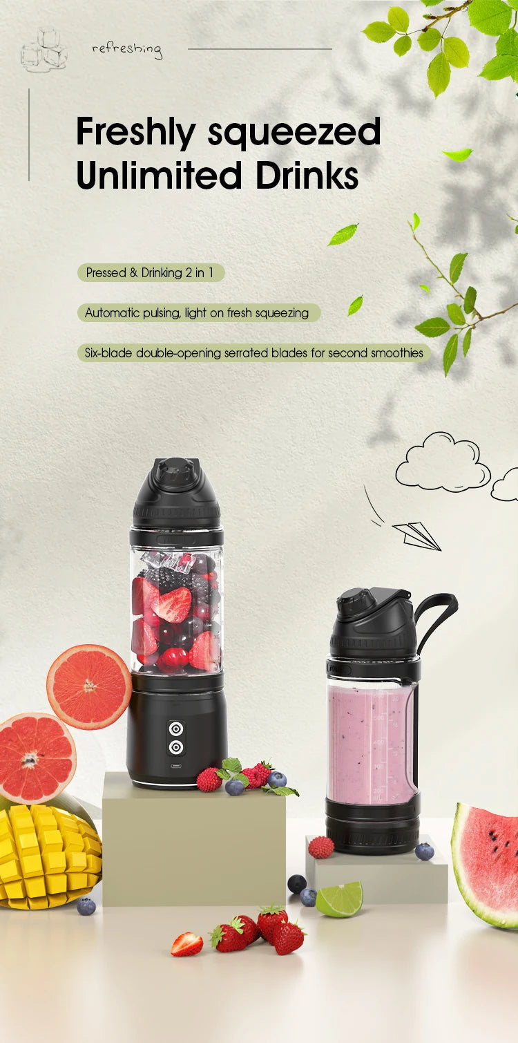 Two black portable blenders on pedestals with fruit, surrounded by floating graphics and descriptive text.