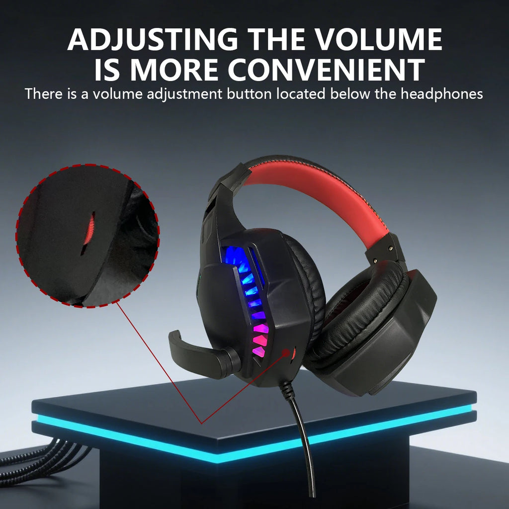 Black wired over-ear gaming headset with red headband detail, RGB lighting, and an integrated volume control wheel.
