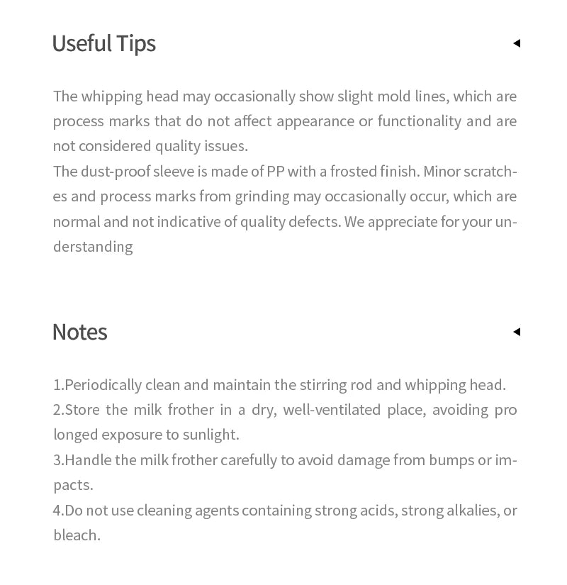 Text graphic titled "Useful Tips" and "Notes" providing maintenance and care instructions for a handheld milk frother.