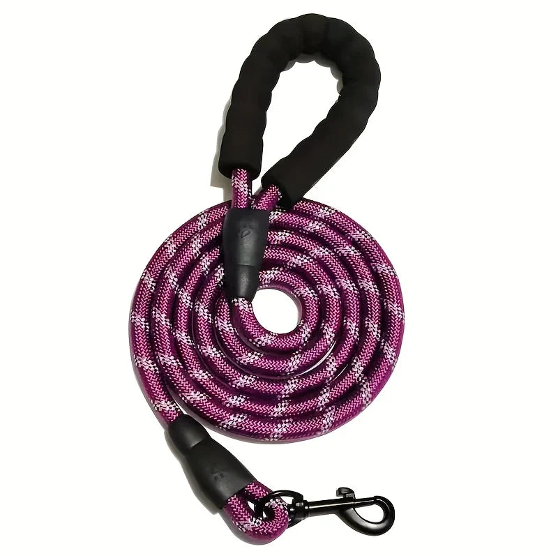 Purple heavy-duty reflective dog lead with a comfortable black foam-padded handle and metal clasp.