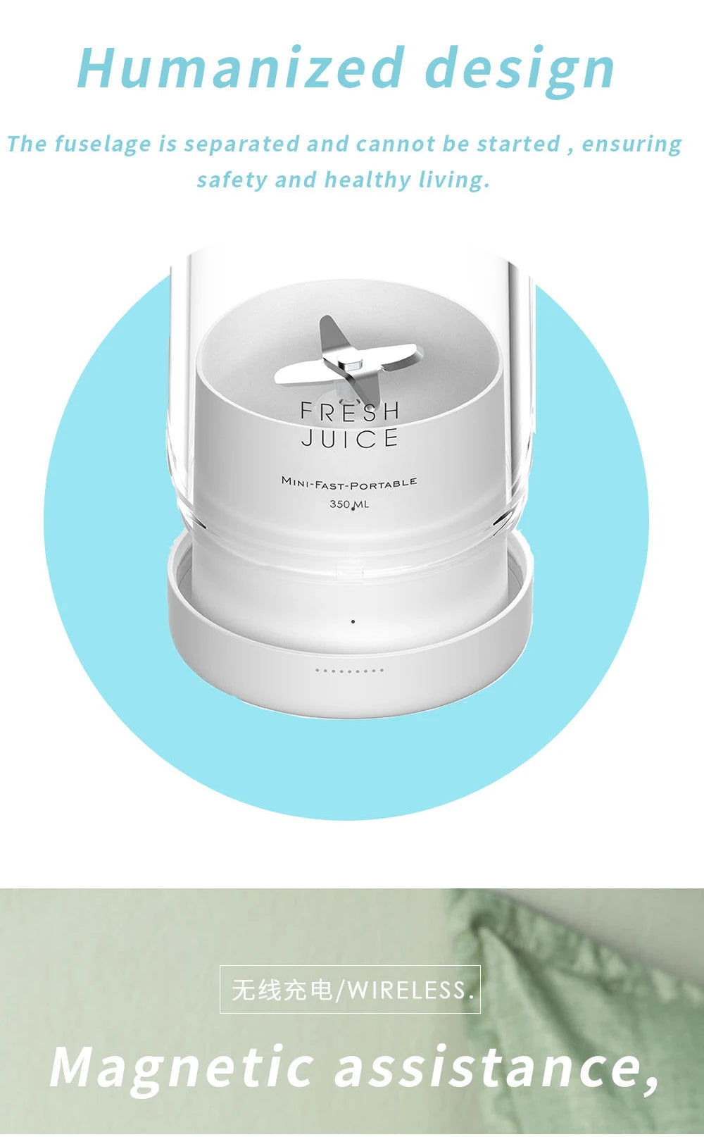 A portable, white 350ml personal blender with a clear container and stainless steel blades.