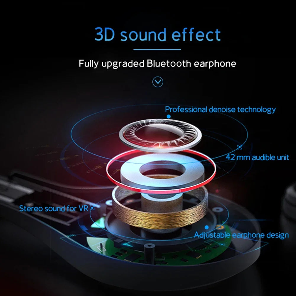 An exploded-view diagram of a black Bluetooth earphone showing internal components, 42mm driver, and 3D sound features.