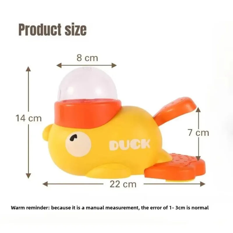 Yellow duck-shaped interactive dog toy with a clear top ball dispenser and orange paw-shaped button, size labelled.