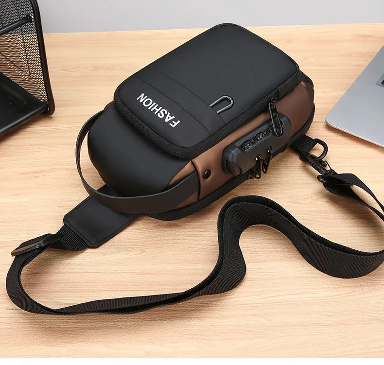 Black and brown anti-theft crossbody sling bag with a secure combination lock and adjustable shoulder strap.