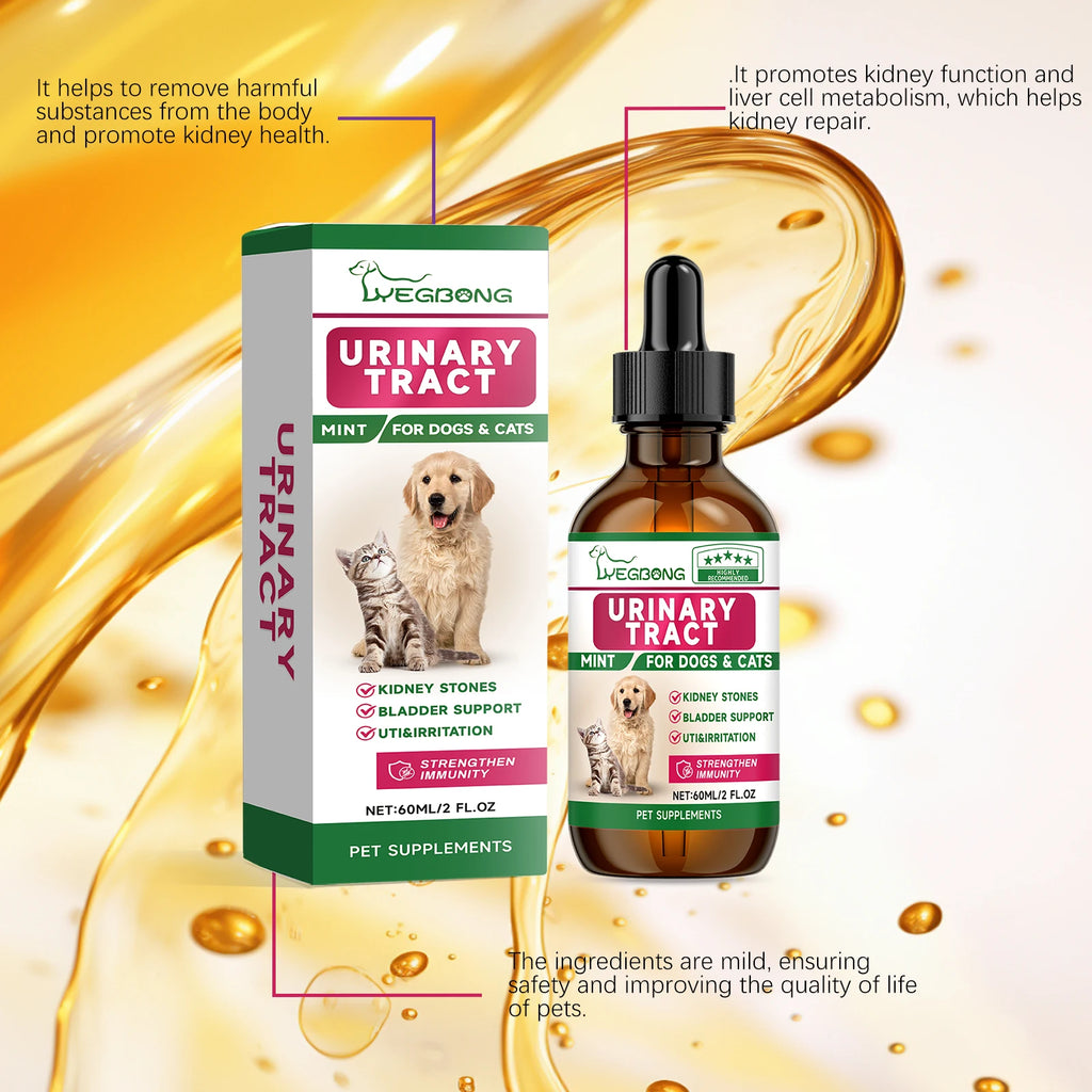 Urinary tract health supplement for dogs and cats. 60ml amber dropper bottle and box with pet illustrations.