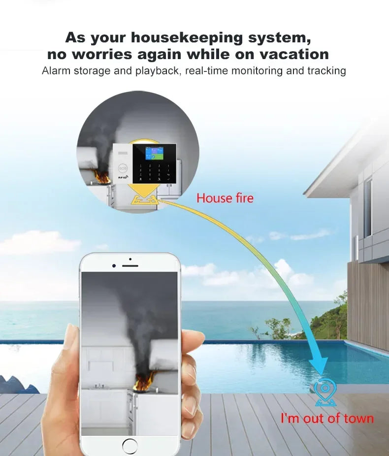 Sleek black and white smart alarm console with touchscreen, showing remote mobile fire alerts for home security.
