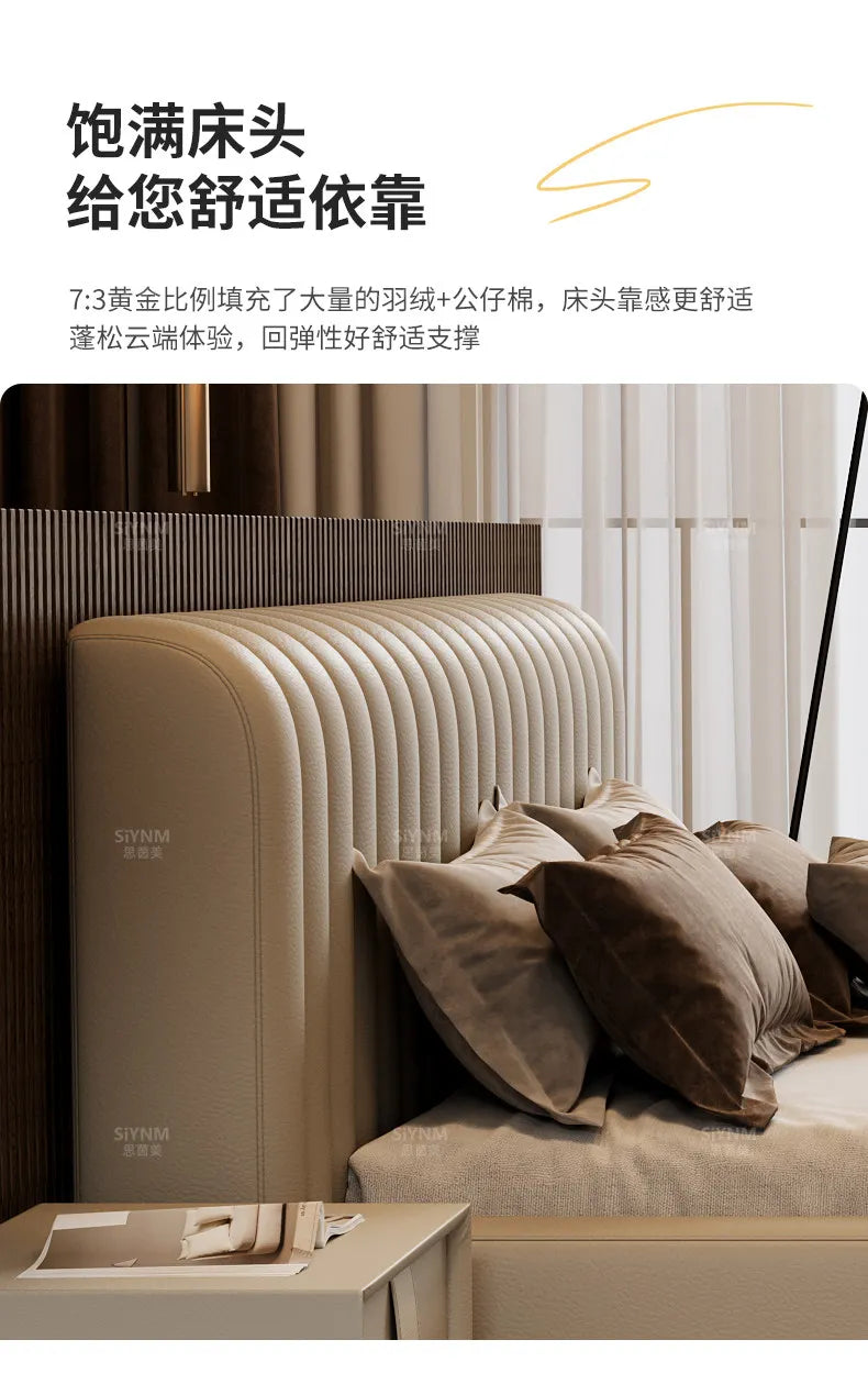 Modern cream bed frame featuring a plush, vertically channel-tufted upholstered headboard for comfortable support.