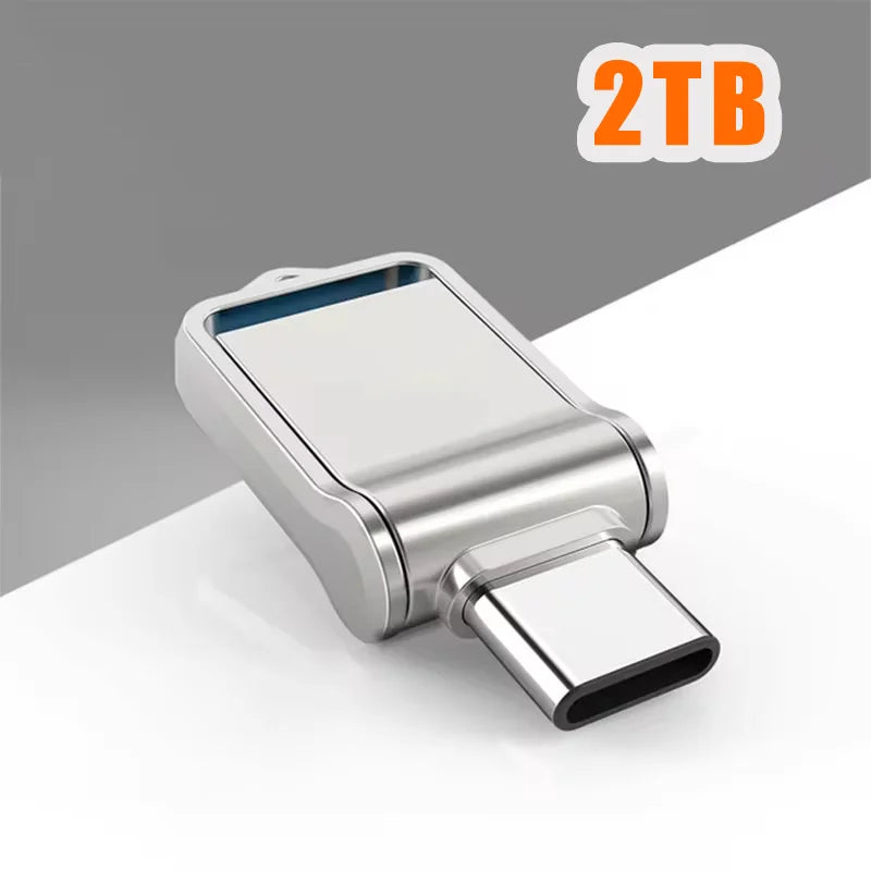 Sleek silver 2TB USB-C flash drive with a compact, rotating metal design for portable data storage.