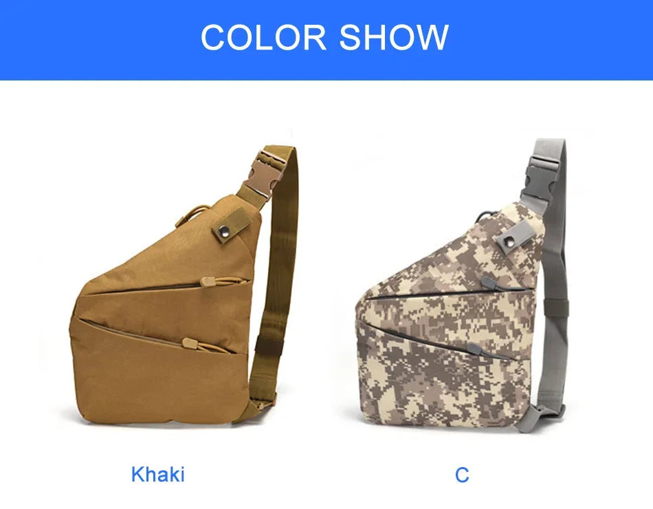 Two compact anti-theft crossbody sling bags in plain khaki and digital camouflage print, featuring side-buckle straps.