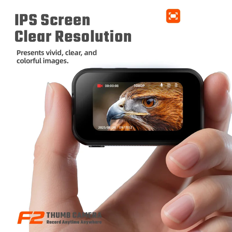 Small black plastic thumb camera held in a hand, showing a 1080p live eagle image on its integrated IPS screen.