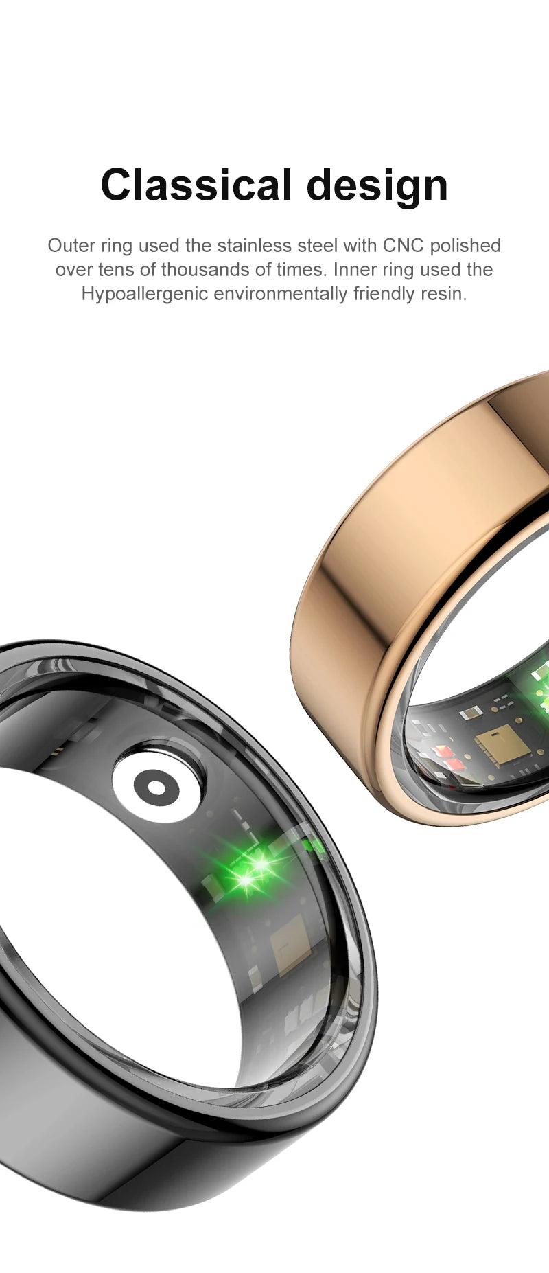 Two smart health rings in gold and black with polished stainless steel exteriors and sensor-lined inner bands.
