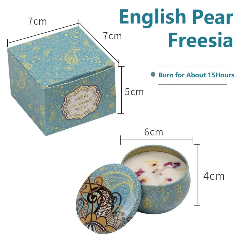 English Pear and Freesia scented candle in a blue patterned tin with lid and matching gift box. 15-hour burn time.