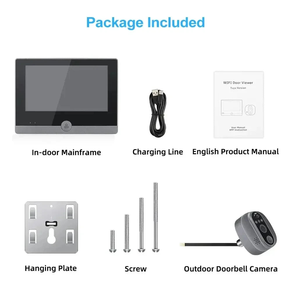 Smart wireless video doorbell kit including a black indoor display, outdoor camera, charging cable, and mounting hardware.