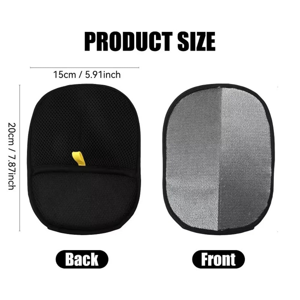 Black and grey car cleaning mitt, 20x15cm. Features a mesh back with yellow tab and a grey textured front.