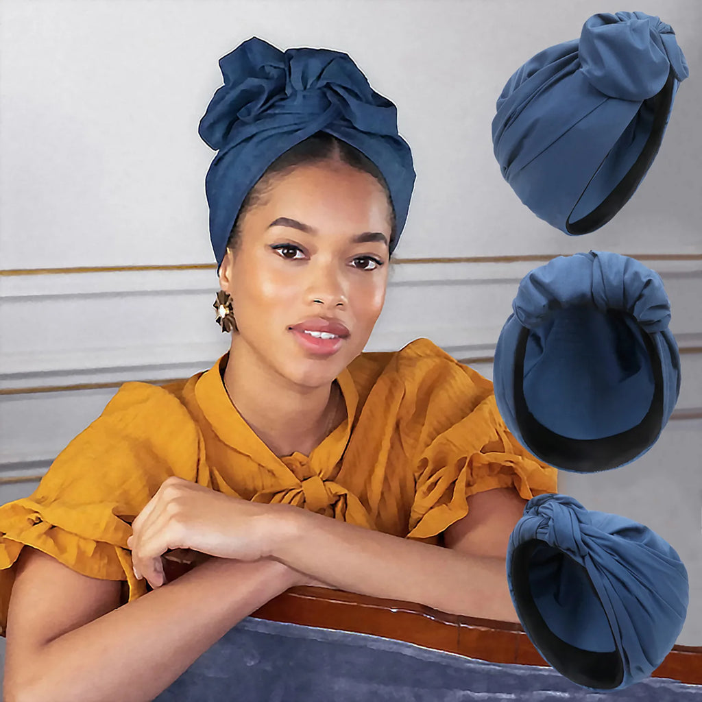 A model wearing a blue vintage-style knotted turban hat, shown from multiple angles.