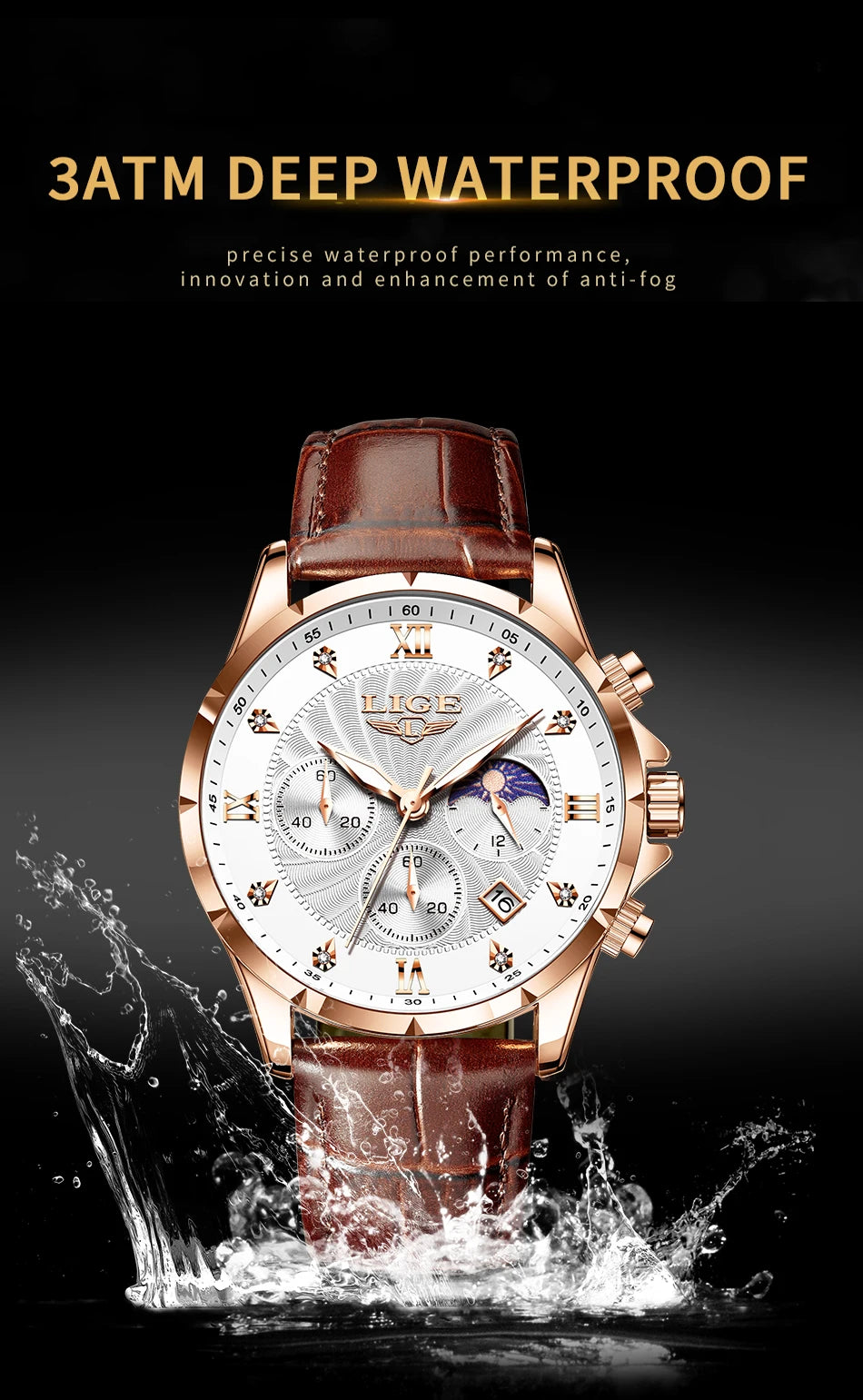 Men’s chronograph watch with a rose gold case, white textured dial, and brown leather strap, set against water splashes.